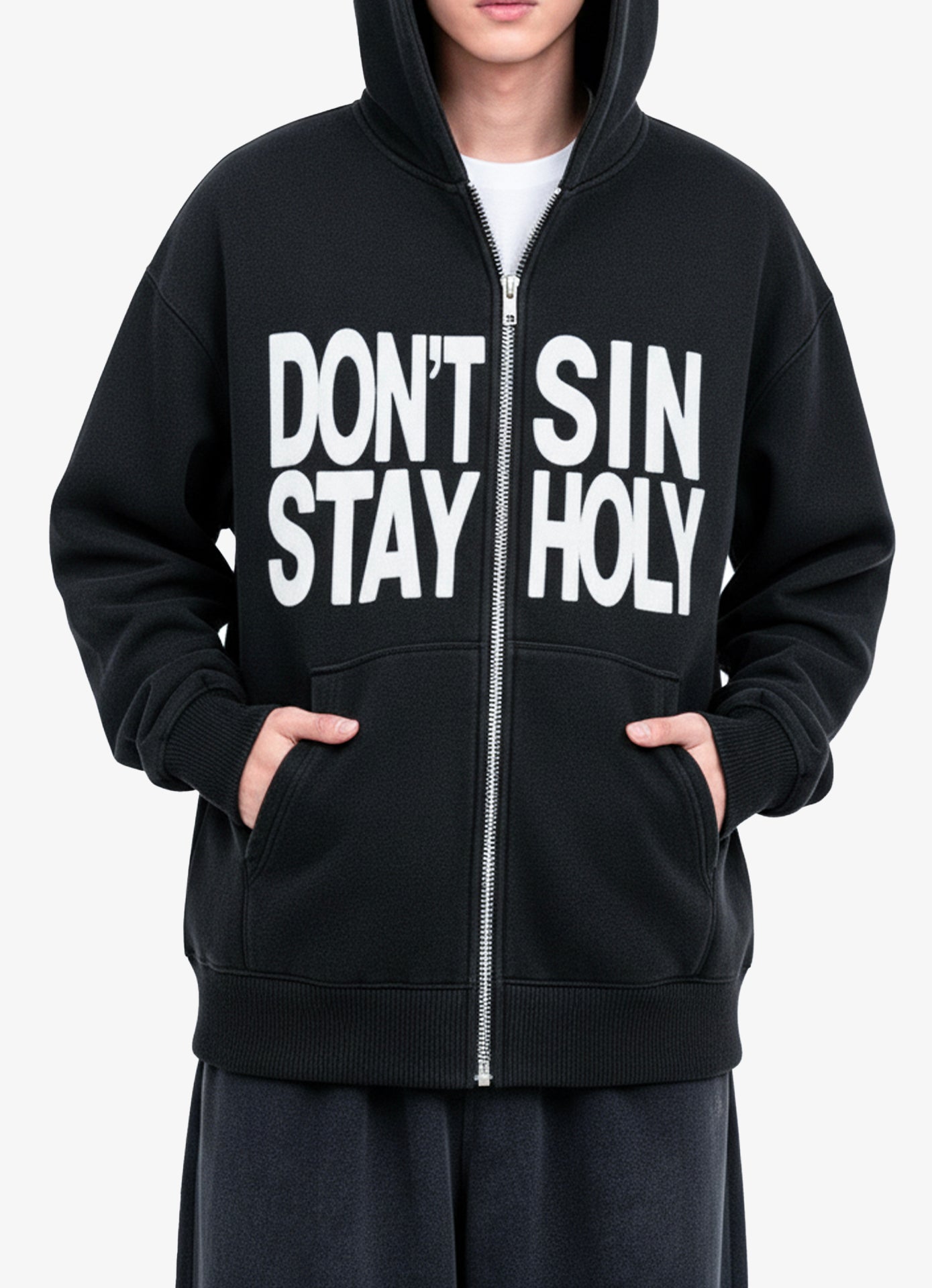 DON'T SIN STAY HOLY BLACK ZIP-UP HOODIE
