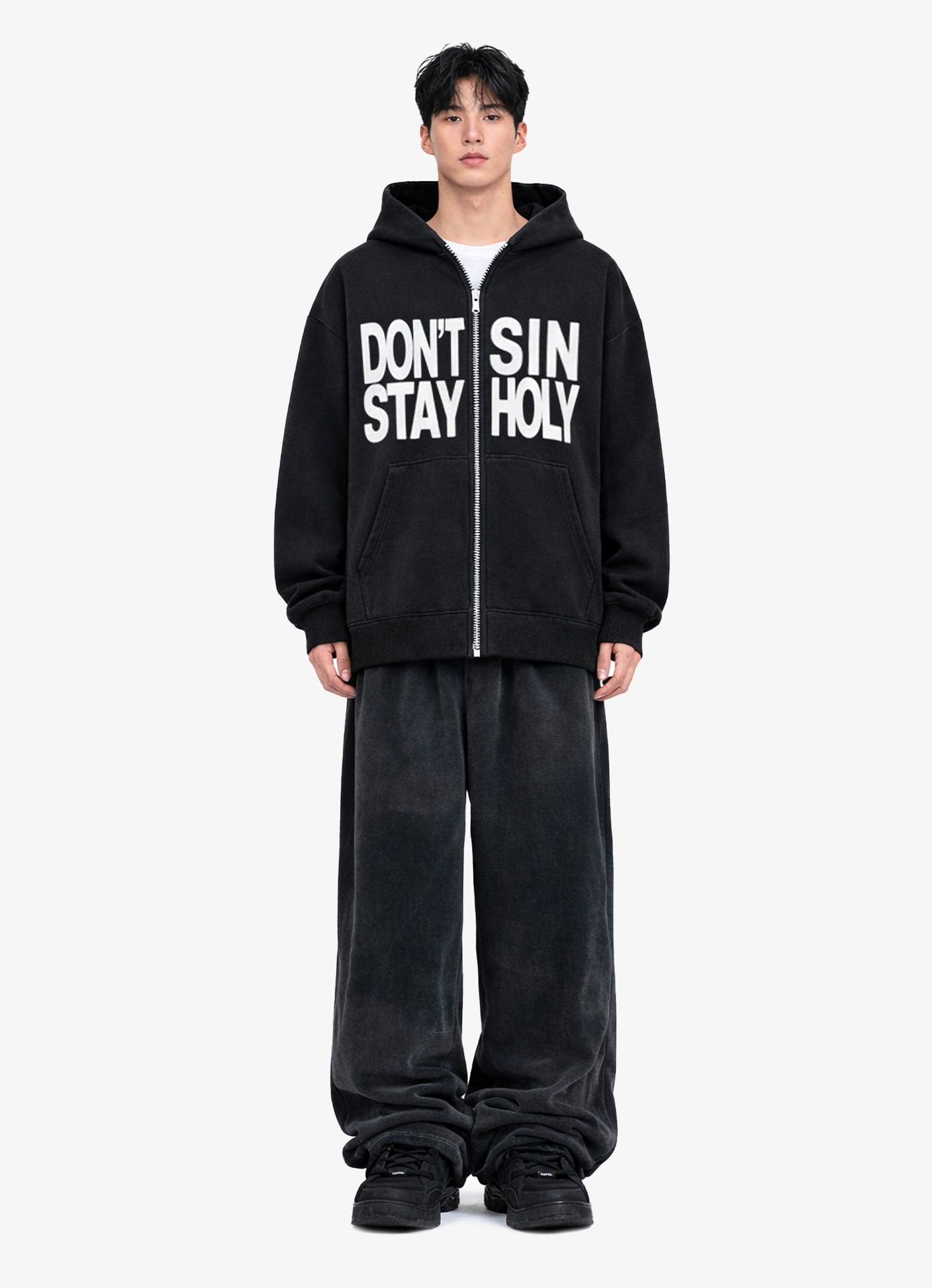 DON'T SIN STAY HOLY BLACK ZIP-UP HOODIE