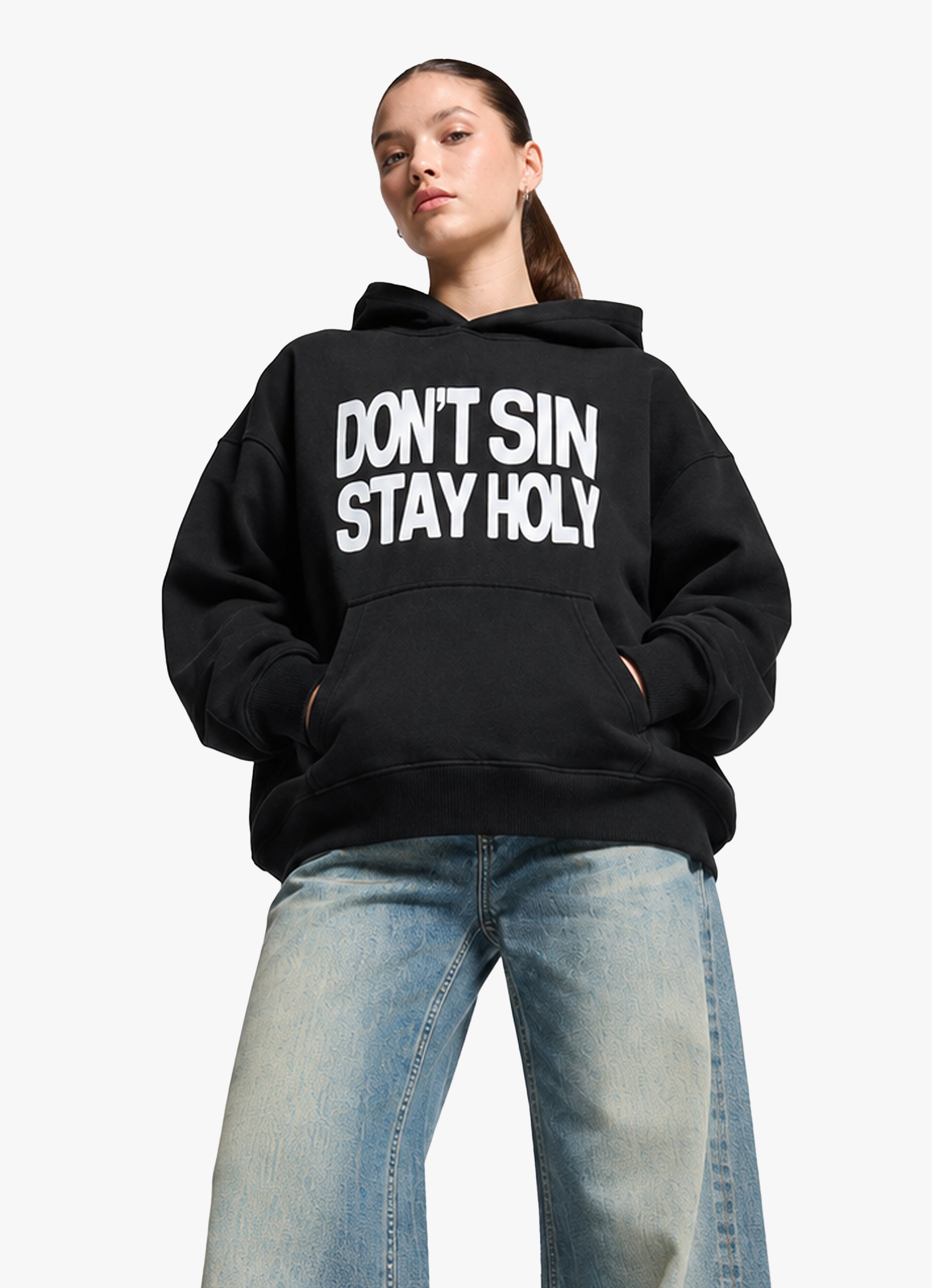 DON'T SIN STAY HOLY BLACK OVERSIZED HOODIE