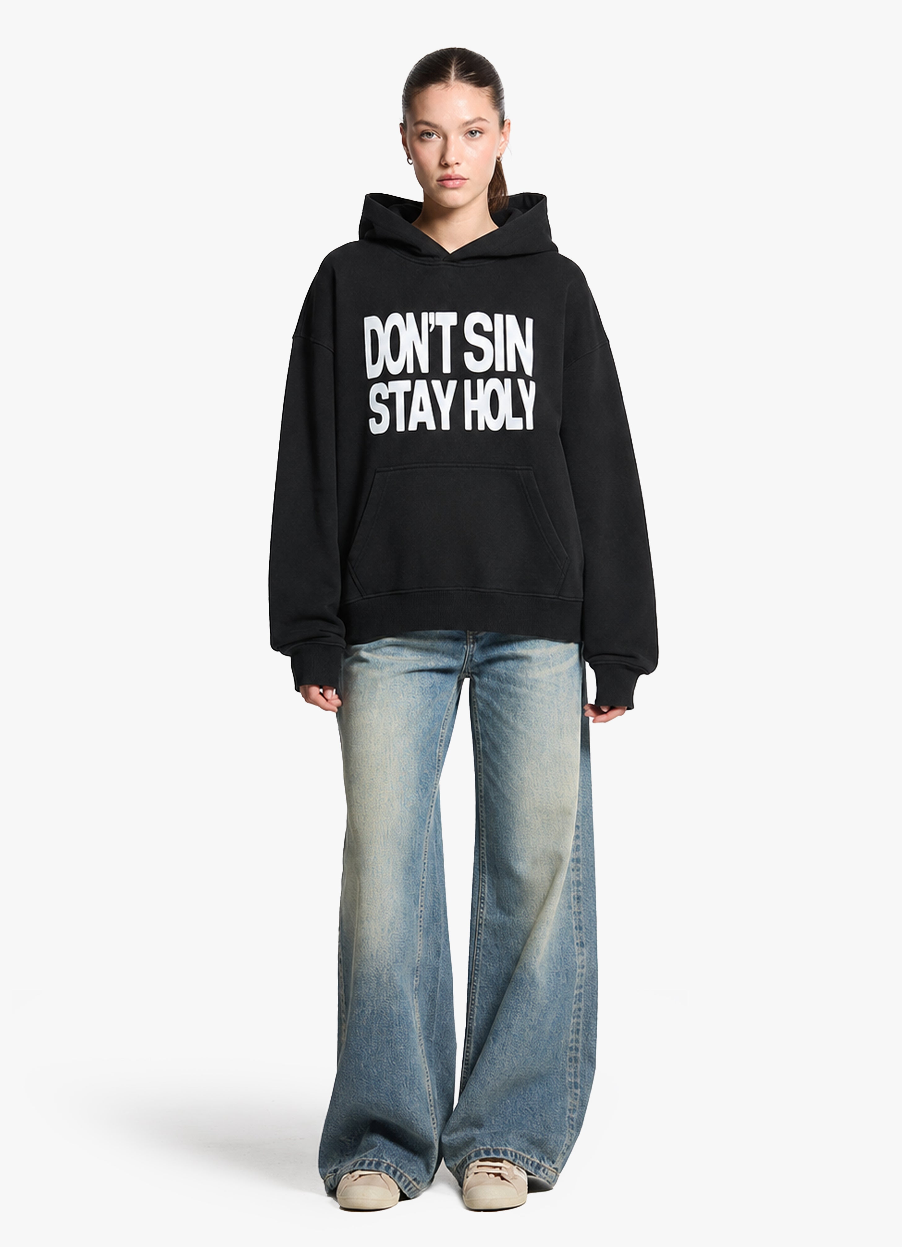 DON'T SIN STAY HOLY BLACK OVERSIZED HOODIE