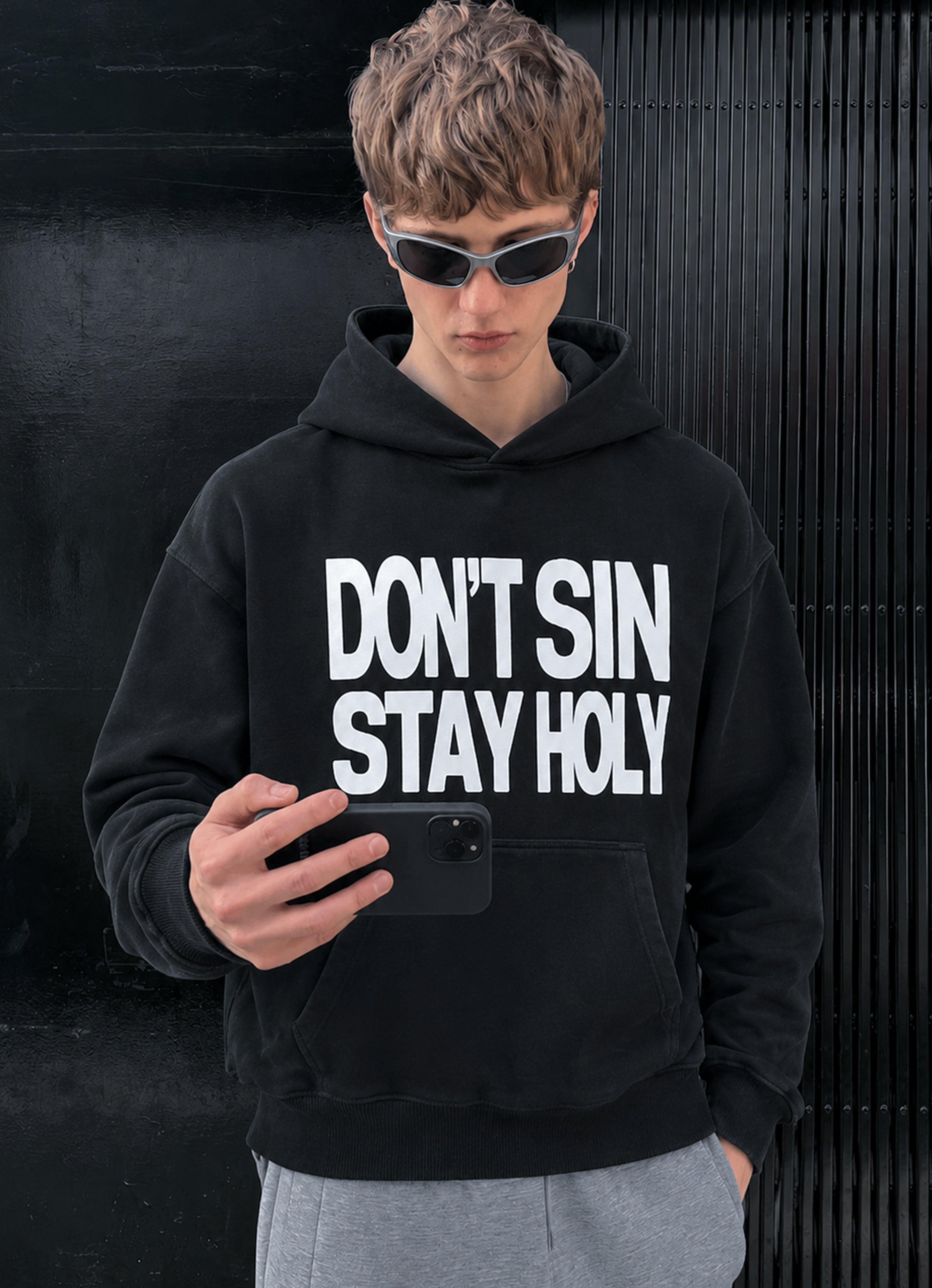 DON'T SIN STAY HOLY BLACK OVERSIZED HOODIE